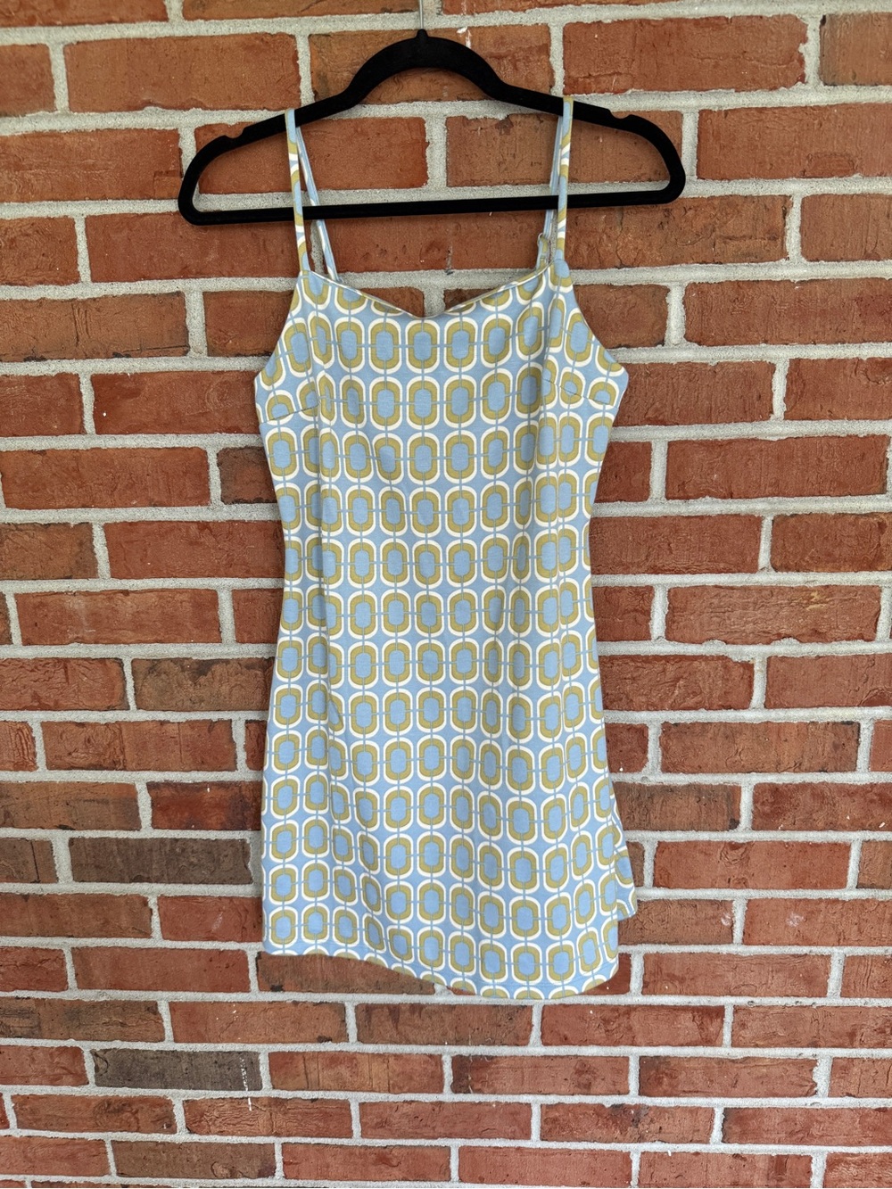 Geometric Blue, Yellow & White Spaghetti Strap Mini Dress